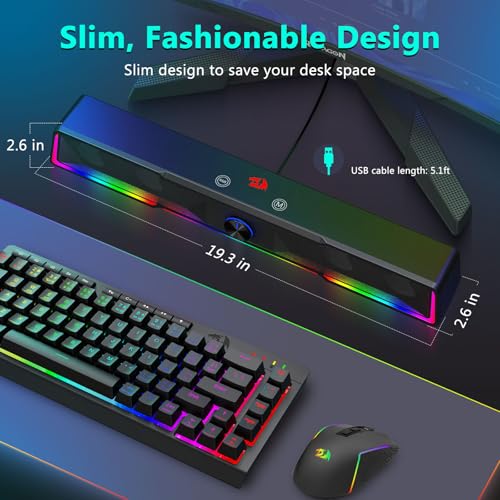 Redragon Computer Speaker, Bluetooth/USB Wired Dual Connection Soundbar | Clear Stereo Sound with Audio-Light Sync RGB Backlit, Volume Knob, USB Powered for PC/TV/Tablet, Black