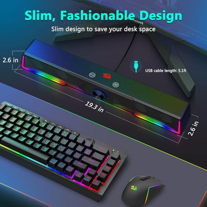 Redragon Computer Speaker, Bluetooth/USB Wired Dual Connection Soundbar | Clear Stereo Sound with Audio-Light Sync RGB Backlit, Volume Knob, USB Powered for PC/TV/Tablet, Black