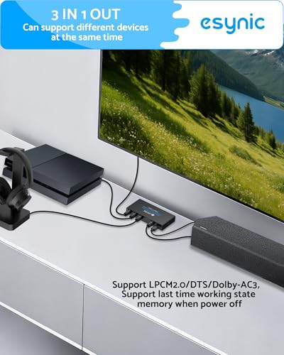 eSynic Portable Digital Optical Audio Switcher 3 in 1 Out-Aluminum Alloy | USB Powered-IR Remote Control-Works with Dolby Digital and DTS Audio Formats From PS4/Blue-Ray/DVD/HDTV to Optical Soundbar