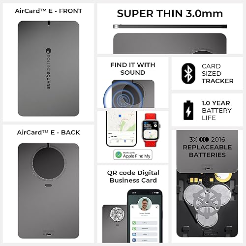 Rolling Square AirCard E, Replaceable Batteries Wallet Tracker Bluetooth Find My Network Compatible with Business Card QR Code - 0.12in Super Thin