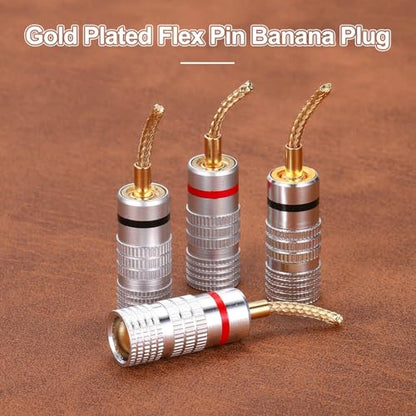 MECCANIXITY 6 Pcs Flex Pin Banana Plugs, 8.5mm (5/16") Banana Plug Jack Socket, 2mm Gold Plated Banana Plugs for Spring Loaded Terminals, Speaker Wire, Glossy