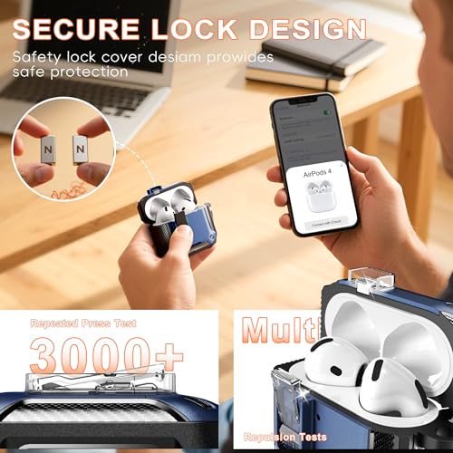 for AirPods 4 Case with Lock Magnetic Lid MagSafe, Blue | Compatible with Apple AirPods 4th Generation Protective Case with Cleaner Kit & Carabiner, Powerful Drop Protection - color: FK-Blue, size: Airpods 4th Generation