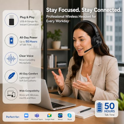 Voistek Wireless Headset with Mic for Work,Bluetooth Headphones for PC | Noise Cancelling Mic,USB Dongle & Mute Button,50H Battery Compatible with Laptop,Teams Zoom,Call Centre,Home Office