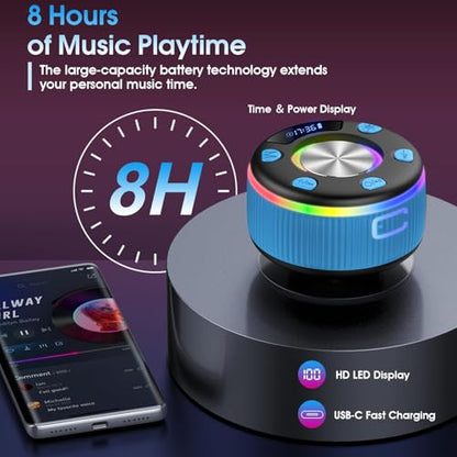2026 Bluetooth Shower Speaker, Digital Display Portable Speaker with Suction Cup, LED Light, 360° HD Stereo Sound and Robust Bass Waterproof Speakers Wireless for Bathroom, Beach, Car - color: Blue