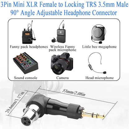 QIANRENON Adjustable 90° Angle Mini XLR to 1/8 Mic Connector Gold Plated 3Pin Mini XLR Female to Locking TRS 3.5mm Male Right Angle Adapter Mi-ni x-lr Direction changeable, for Sports Headphone Camera