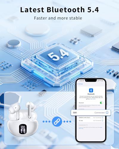 Wireless Earbuds, Bluetooth 5.4 Ear Buds Bass Stereo, Headphones with Noise Cancelling Mic, LED Display in Ear Earphones Clear Calls, IP7 Waterproof Bluetooth Earbuds for Phone/Android/iPad, White - color: White