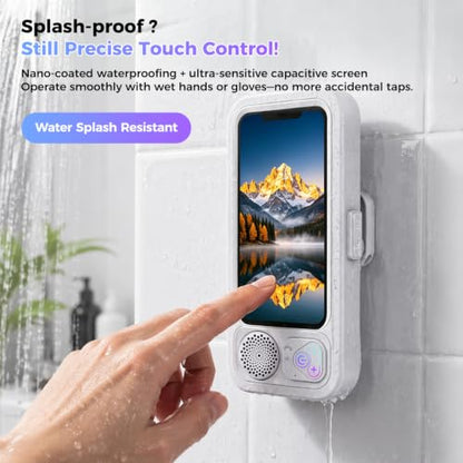 Waterproof Shower Bluetooth Speaker with Phone Holder, IPX5 Splash-Proof Wireless Bathroom Speaker for iPhone & Android, Touch Screen Shower Caddy with Strong Adhesive Hook