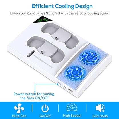 FYOUNG Upgraded Vertical Cooling Fan Stand for Xbox Series S | Cooler Fan System Dual Controller Charging Dock Station with 2 x 1400mAh Rechargeable Battery Pack, Headphone Bracket