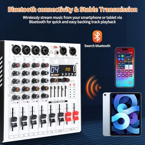 Professional 4-Channel DJ Audio Mixer with Bluetooth, 5-Band EQ, 99 DSP Effects, USB Audio Interface, +48V Phantom Power for Live Streaming, Podcasting, Karaoke, Home Studio Recording