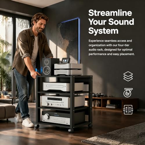 4 Tier Audio Rack Tower, CD Record Player Stereo Receiver AV Equipment Cabinet Display Rack, Weight Capacity 661 lbs, with Adjustable Wooden Shelves for Home (4 Tier Black) - size: 4 Tier Black