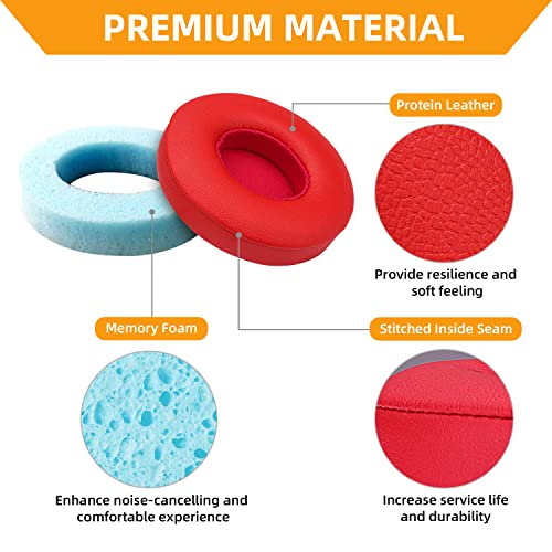 Replacement Ear Pads for Beats Solo 2 and Solo 3 Headphones, Red | Solo2 & Solo3 Earpads Cushions with Noise Isolation Memory Foam and Softer Protein Leather - color: Red
