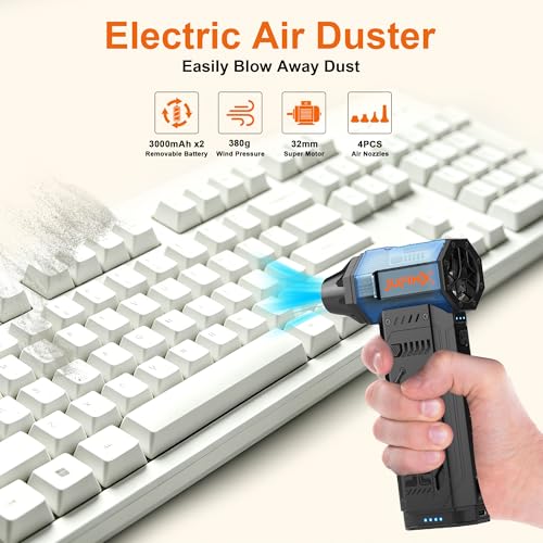 Electric air Duster，250,000RPM Super Power mini Blower,2 Swappable Battery | 3-speed adjustable rechargeable air duster with multiple nozzles，for cleaning car, keyboard, computer, leaves,home & outdoor.
