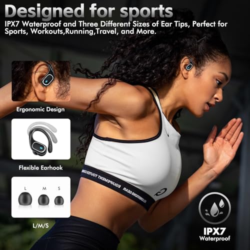 HAOYUYAN Wireless Earbuds Bluetooth 5.3 Headphones with 80H Playback, IPX7 Waterproof Over Ear Buds with LED Power Display for Sports Running Workouts Gray Black - color: Gray Black