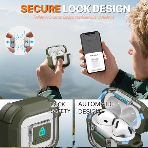 for AirPods 4 Case with Lock Magnetic Lid MagSafe, Green | Compatible with Apple AirPods 4th Generation Protective Case with Cleaner Kit & Carabiner, Powerful Drop Protection - color: A-TW-Green, size: Airpods 4th Generation