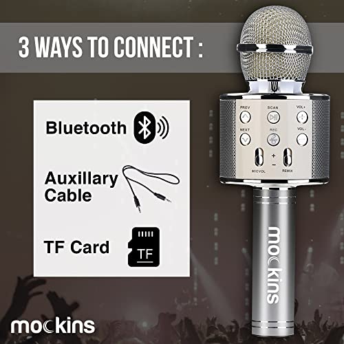 Mockins Silver Bluetooth Karaoke Microphone for Kids with Built in Wireless Speaker| Wireless Microphone Karaoke Compatible with iOS & Android | All-in-One Mic - color: Silver