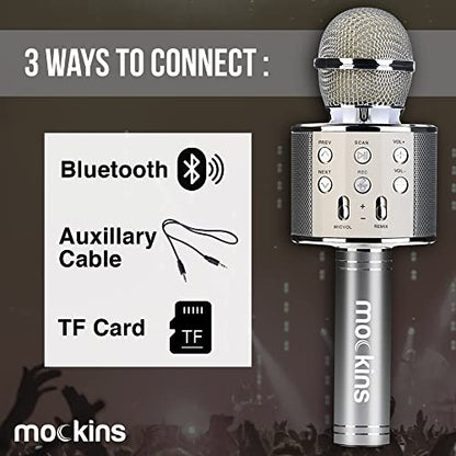 Mockins Silver Bluetooth Karaoke Microphone for Kids with Built in Wireless Speaker| Wireless Microphone Karaoke Compatible with iOS & Android | All-in-One Mic - color: Silver