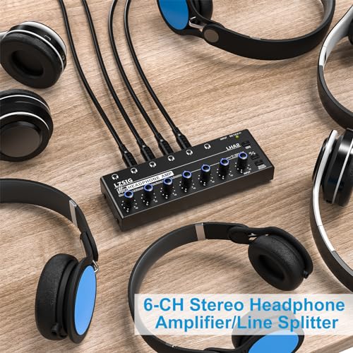 LZSIG Headphone Amplifier with Bass Boost, 6 Channel, 1 IN 6 OUT, DC 12V | Metal Stereo Audio Amplifier, Mini Earphone Splitter with Power Adapter, 1/4" & 1/8" TRS Headphones Output & TRS Audio Input - size: Medium(6-channel)