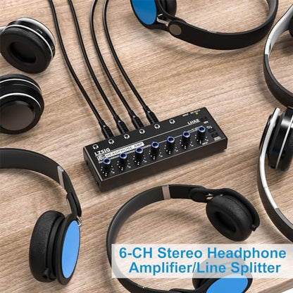 LZSIG Headphone Amplifier with Bass Boost, 6 Channel, 1 IN 6 OUT, DC 12V | Metal Stereo Audio Amplifier, Mini Earphone Splitter with Power Adapter, 1/4" & 1/8" TRS Headphones Output & TRS Audio Input - size: Medium(6-channel)