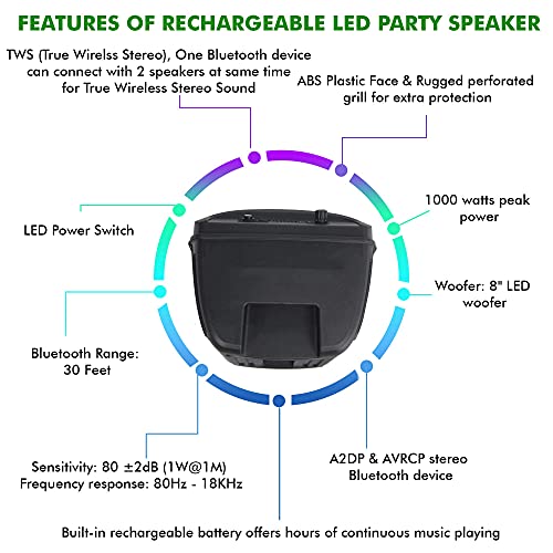 Technical Pro 8 Inch Portable 800 W Bluetooth Speaker W/Woofer & Tweeter | Festival PA LED, Bluetooth/USB Card Inputs, with UHF Wireless Handheld Microphone w/USB Powered Receiver - style: Speaker with Wireless Mic