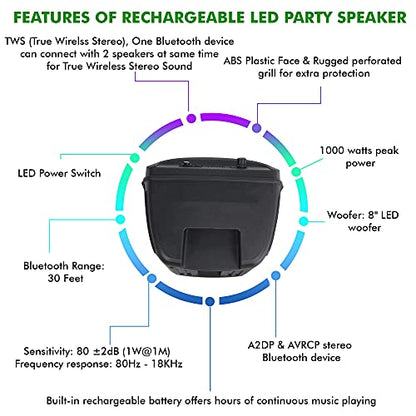 Technical Pro 8 Inch Portable 800 W Bluetooth Speaker W/Woofer & Tweeter | Festival PA LED, Bluetooth/USB Card Inputs, with UHF Wireless Handheld Microphone w/USB Powered Receiver - style: Speaker with Wireless Mic