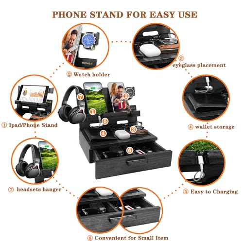 VEIYAILU Gifts for Him Husband Boyfriend Son Men Nightstand Organizer Wood Phone Docking Station Birthday Gifts (Black) - color: Black