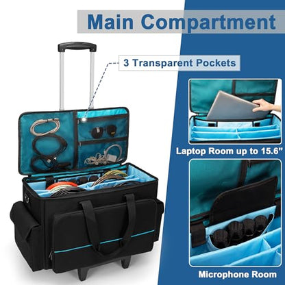HODRANT Large Rolling DJ Cable Bag with Detachable Trolley & Divider | Padded Gig Bag, Music Gear Case with Multi Pockets for 15.6" Laptop, DJ Gear, Musical Instrument, Sound Equipment Storage