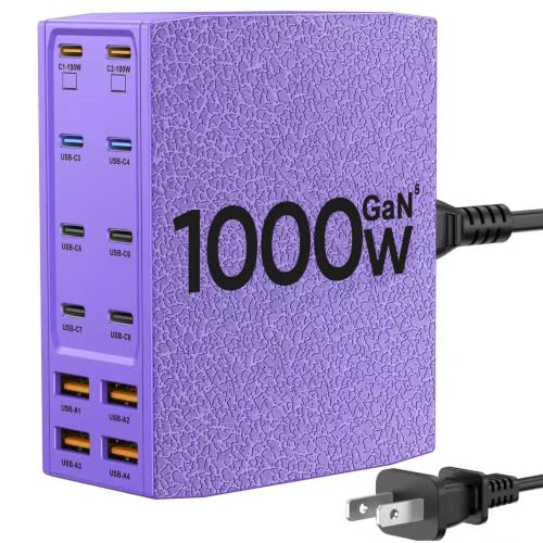 1000W USB Charging Station,12-Port USB C Charger Block with Dual 100W PD | USB-C Fast Charging Station Hub for MacBook Pro/Air/All iPad Phone 17/16 15/14/13/Pro Max/Samsung Galaxy Note - color: Purple