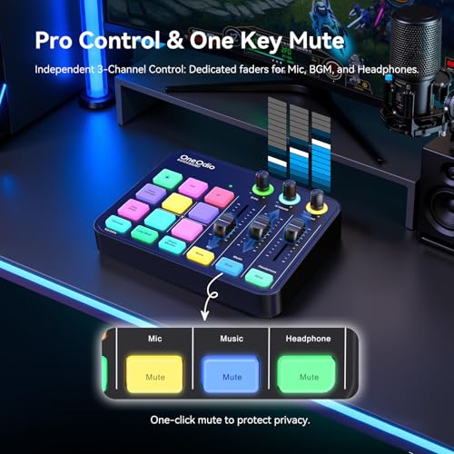 OneOdio Solocaster Gaming Audio Mixer, 5-Channel Interface, 48V XLR | Bluetooth, RGB lighting, USB-C and 3.5mm inputs for beginner streaming, podcasting, karaoke and PC, Mac or mobile use