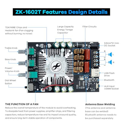 ZK-1602T Bluetooth Amplifier Board, 2.0 Channel 160W+160W Stereo Audio Amp with Treble & Bass Control, DC 15-36V Power Supply, Bluetooth 5.0 & AUX Inputs for Home DIY Speakers - style: ZK-1602T