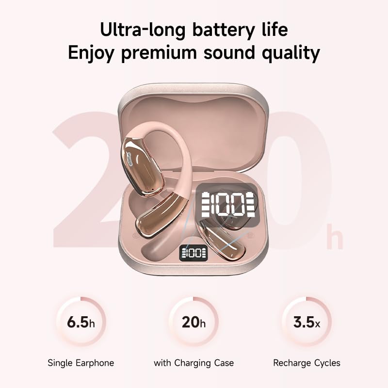 A51 Open Ear Headphones, True Wireless Earbuds with Mic & Earhooks | Deep Bass Sound, 20H Playtime & Digital Display, AI Clear Calls, Secure Comfortable Fit - Running, Sport, Meeting (RoseGold) - color: RoseGold