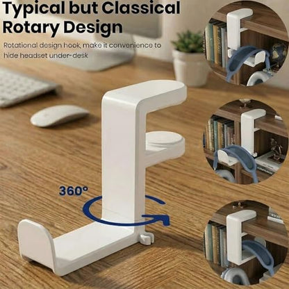 Universal Headphone Stand, Desk Mount Holder with 360 Degree Swivel, Gaming Headset Organizer Clamp-On Under Desk Hanger with Cable Clip for Office and Home,White