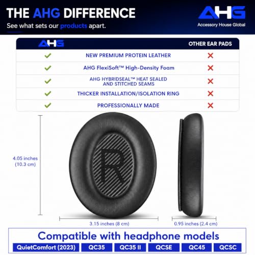 AHG QC45 Ear Pads Compatible with Bose QuietComfort 45 35 QC35 II QCSC QCSE | Easy DIY Fit | Premium Protein Leather | Extra Thick | Soft High-Density Foam - color: Black