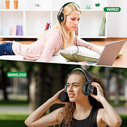 Rydohi Bluetooth Headphones Over Ear, 68H Playtime 3 EQ Music Modes Wireless Headphones with Microphone/Deep Bass, HiFi Stereo Foldable Headset for PC Home Travel Office (Black Green) - color: Black Green