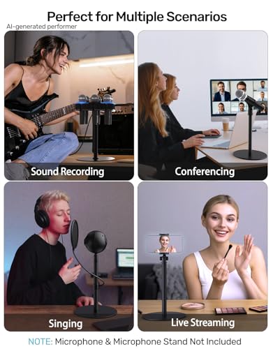 7.7-in Desktop Mic Stand, Weighted Base for Multi Microphone Holder Stand | 3/8 Thread, With 5/8, 1/4 Adapters for Wide Compatibility, Cable Ties, Table Stand for Multi Microphone Holder/Podium/Podcast