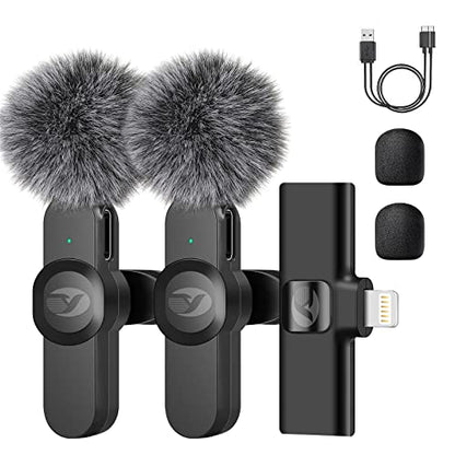 tongyu Wireless Lavalier Microphone for iPhone/iPad with Noise Reduction, Mini Microphones Wireless with Furry Microphone Cover, iPhone Microphone Wireless for Video Recording/YouTube/Vlog (2 Mics)