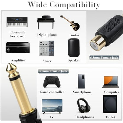 RCA to 1/4" Audio Adapter (6-Pack) – 6.35mm Mono Male Plug to RCA Female Connector, Gold-Plated Audio Jack for Speakers, Amps, Instruments & Home Theater