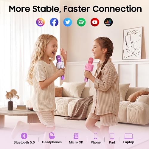 BONAOK Wireless Bluetooth Karaoke Microphone, 3-in-1 Portable Handheld Mic Speaker Machine for All Smartphones, for Girls Boys Kids Adults All Age Q37(Light Purple) | Bluetooth 5.0, Echo Mode,Built-in Speaker, SD Card, for iPhone iPad, Handheld,Home Karao