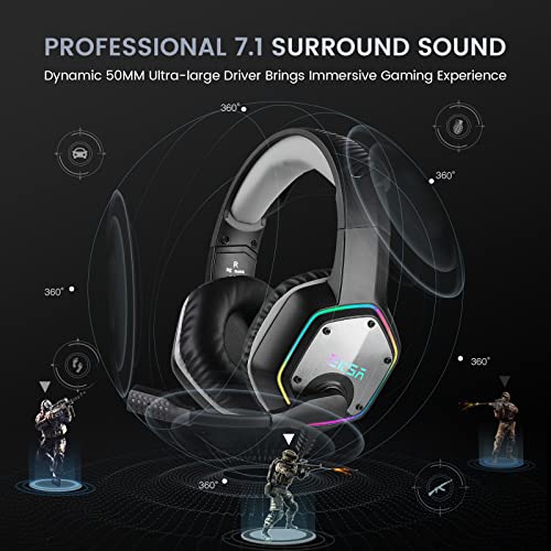 EKSA E1000 USB PC Gaming Headset with Mic, 7.1 Surround Sound - color: Grey