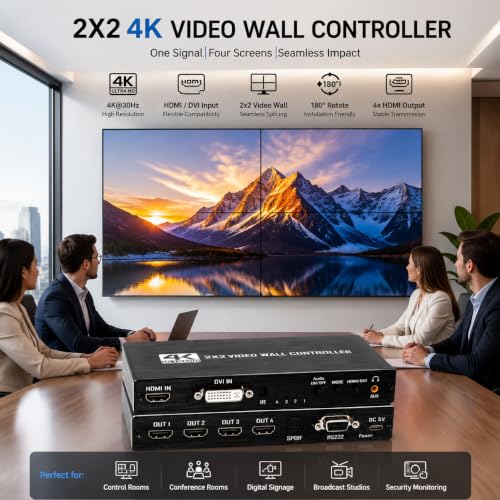 2x2 4k Video Wall Controller, Transform 4 TV Screens into a Single Wall Display with HDMI & DVI 4K Input, 180° Rotation, Audio Output, IR Remote/RS232/Button Press Control
