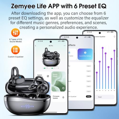 Clip-On Open Ear Earbuds Wireless Bluetooth 6.0 with Heart Rate Monitor | 72H HiFi Stereo Ear Buds with Zemyee Life App, 6 EQ Modes, Full-Area Tap Control Running Headphones for Sport/Work,Black