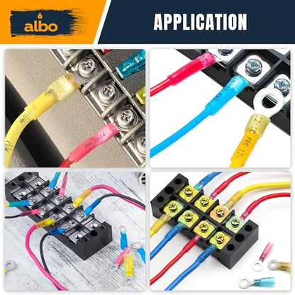 ALBO 500PCS Heat Shrink Ring Terminal Kit – Wire Terminal Connectors Assortment for 22-10 AWG, Waterproof Electrical Connectors Set – Tinned Copper Electrical Ring Terminals | Closed-Ring Design Helps Prevent Pull-Off, Loose Wiring and Connection Failure
