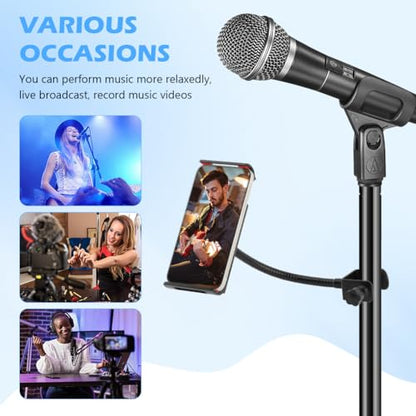 Flexible Phone Holder for Mic Stand, Adjustable Mic Stand Cell Phone Clip with 9" Long Flexible Gooseneck Arm for 4.72"-7.09" Mobile Phones and Tablets