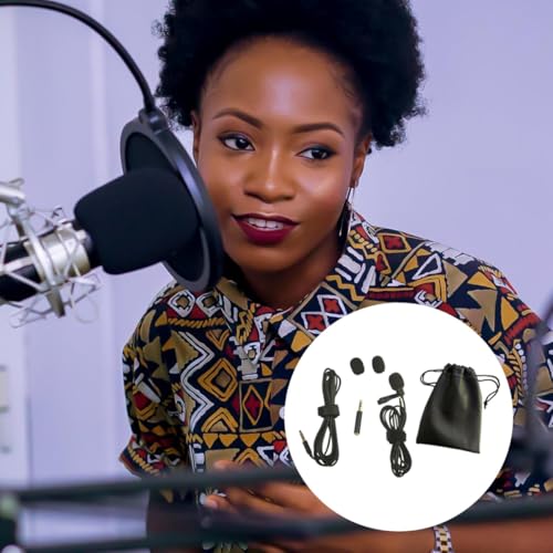 Lapel Clip Microphone Kit with Clip-On Mic, 2M Long Wire Recording Microphone Set, ABS Plastic Collar Lavalier Mic for Interview and Hands-Free Use with PU Leather Pouch and 3.5Mm