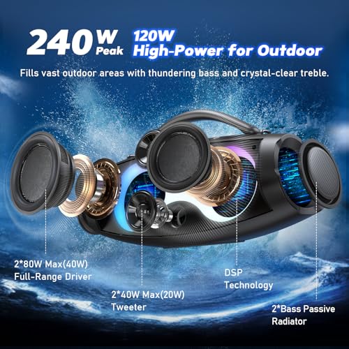 DOSS Extreme Boom Pro D200 240W Peak Outdoor Bluetooth Speaker | 120W Deep Bass, 26hr Playtime, IPX6 Waterproof, Beat-synced Lights, Stereo Pairing , for Camping Beach Tailgate Backyard