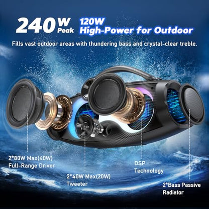 DOSS Extreme Boom Pro D200 240W Peak Outdoor Bluetooth Speaker | 120W Deep Bass, 26hr Playtime, IPX6 Waterproof, Beat-synced Lights, Stereo Pairing , for Camping Beach Tailgate Backyard