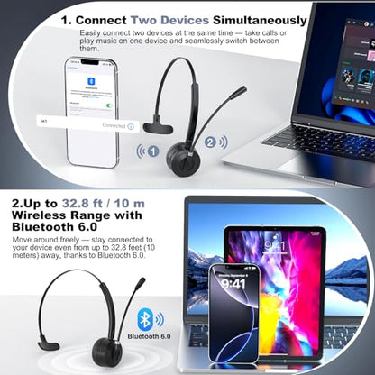Bluetooth Headset with Microphone, Single Ear Wireless Headset for Cell Phones
