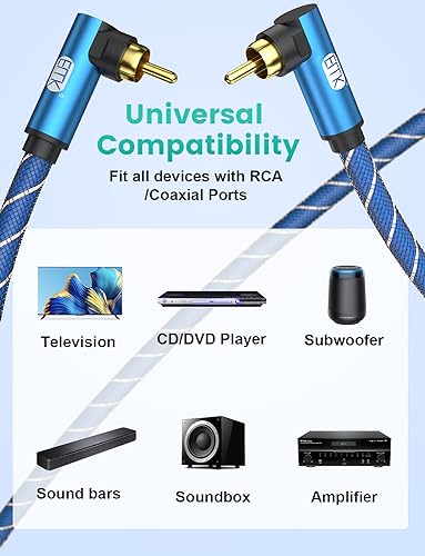 EMK 90 Degree to 90 Degree Subwoofer Cable RCA Cable Male to Male Digital Coaxial Audio Cable for Subwoofer, TV, Sound Bars, Amplifier,Speaker(26FT/8M) - size: 26FT/8M, style: 90 Degree to 90 Degree