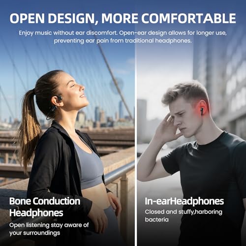 HIFI WALKER Bone Conduction Headphones, Bluetooth 6.0 Open Ear Headphones with IPX7 Waterproof, Type-C Quick Charging Long Battery Life, Sport Headphones Bone Conduction for Running, Fitness, Gift