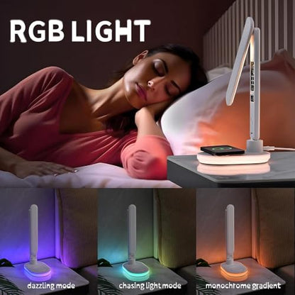 IHAO Luxury Multifunctional LED Desk Lamp10W Qi Wireless Charger Digital Alarm Clock Ambient Light & Temperature Display Adjustable Eye-Care Table Lamp with Leather Texture Design Table Lamp-U20 White - color: Table Lamp UL-U20 White