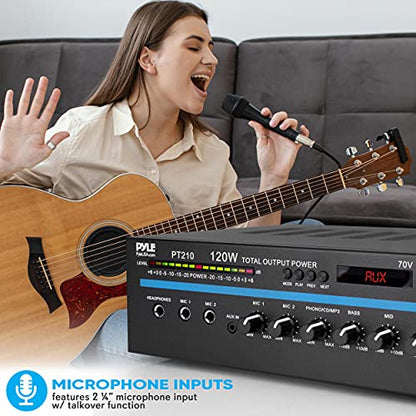 Pyle Home Compact Public Address Mono Amplifier - Professional 120 Watt Home Power Audio Sound PA Speaker Receiver System w/ RCA, Headphone, 2 Microphone Inputs, Independent Volume Control - PT210 - style: Home Compact Mono Amplifier
